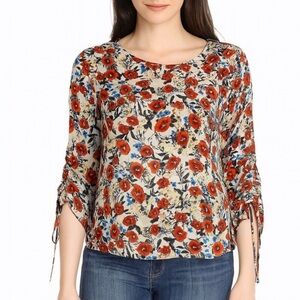 Zara Women blouse top floral print white red Premium Denim Collection Flowy SZ M